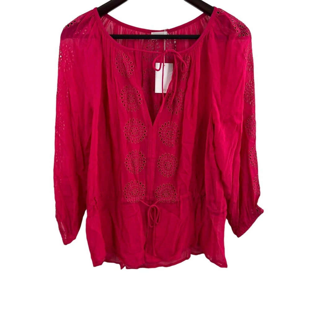 Ecru Pink Eyelet Embroidered Long Sleeve‎ Blouse Size Small New